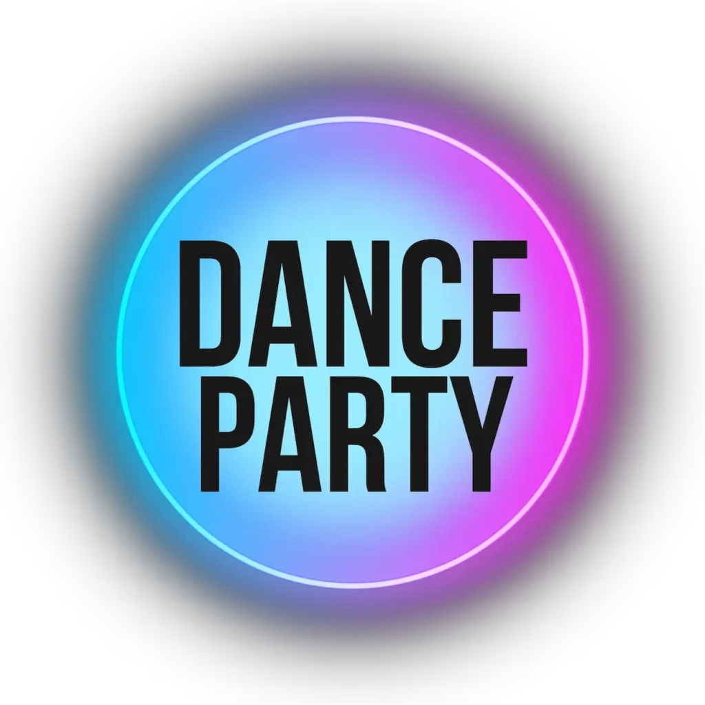 Logo néon "Dance Party" sur fond noir.