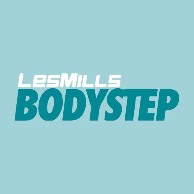 Logo bleu "LesMills BODYSTEP" sur fond turquoise.