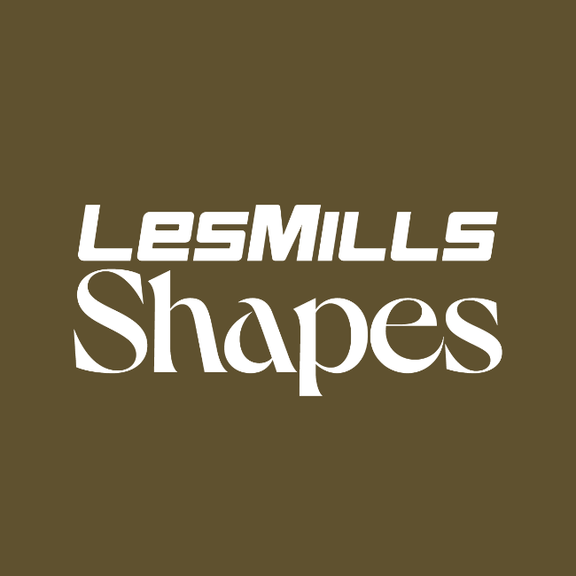 Logo LesMills Shapes en blanc sur fond marron