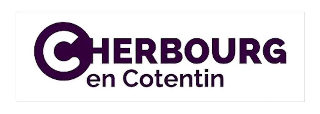 Logo "Cherbourg en Cotentin" en violet et blanc.