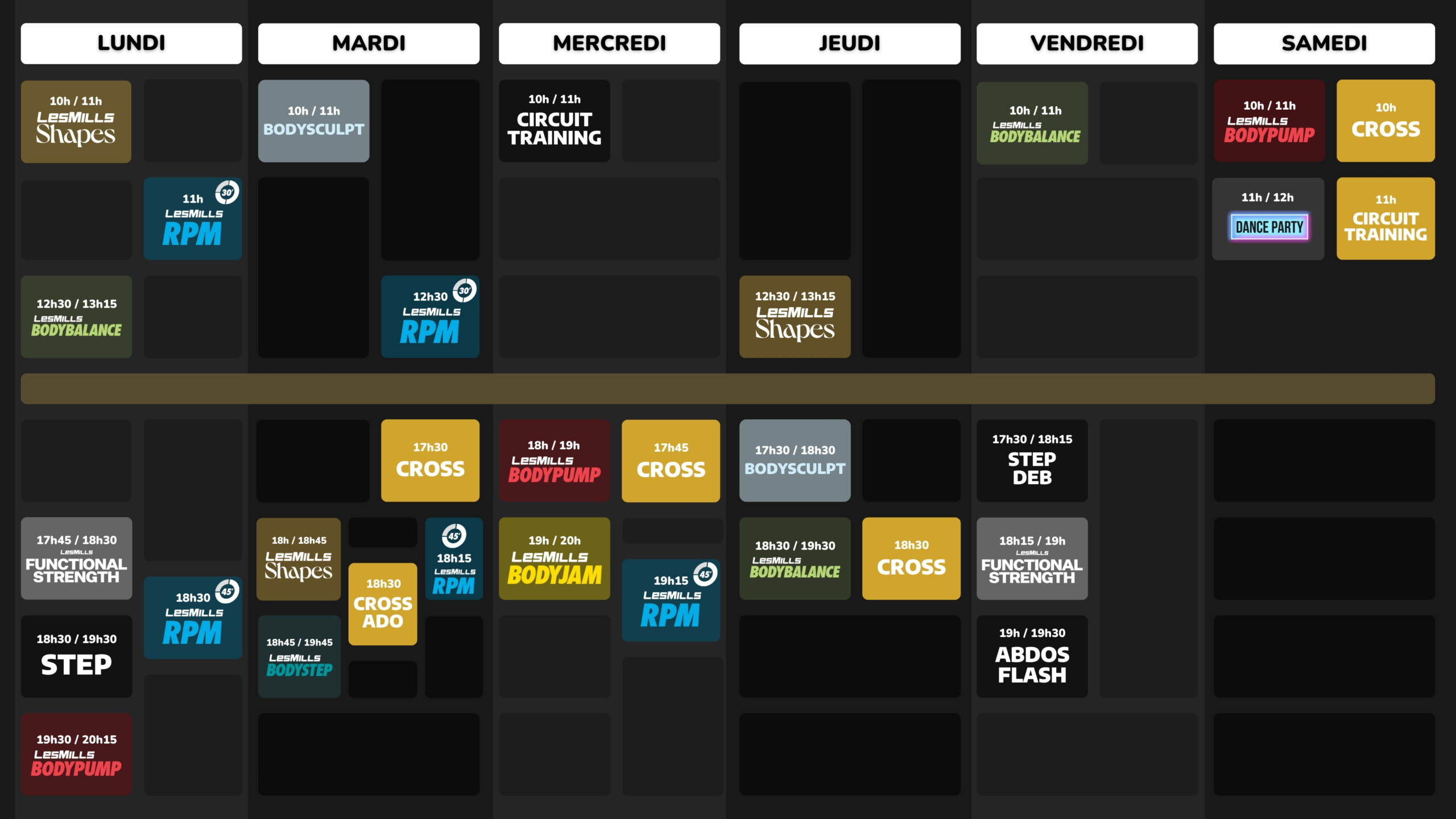 Planning hebdomadaire de cours de fitness coloré