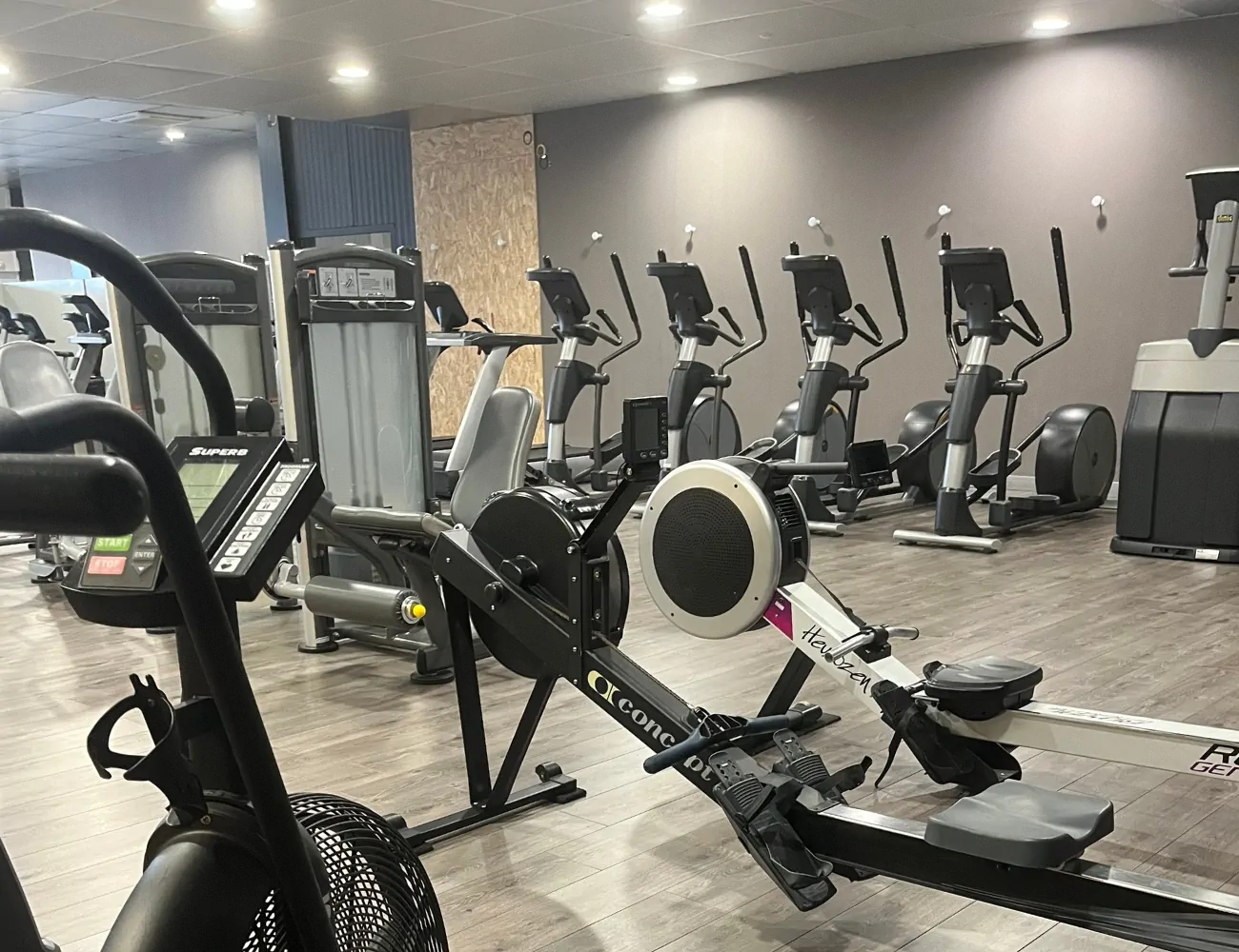 Salle de sport moderne avec rameurs et tapis roulants.